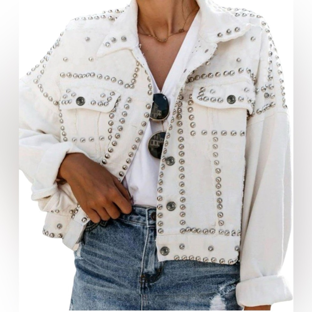 Dressy Rivet Studded White Cropped Jean Jacket